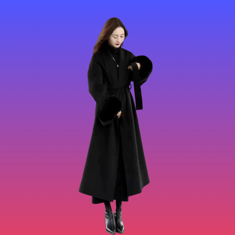 韩系青果领毛呢大衣女2026春秋新款中长款宽松高级感毛呢外套潮