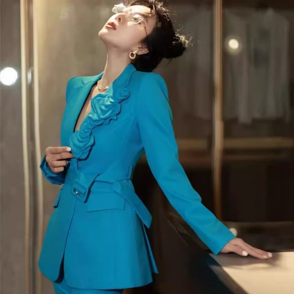 欧洲站法式立体订花修身西服套装