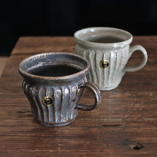 竖纹把手水杯 简约小众手工杯子 信乐烧复古陶瓷咖啡杯 日本进口