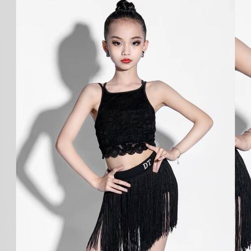 dt拉丁舞服露背蕾丝吊带上衣女儿童2024新款少儿专业练功服BW141