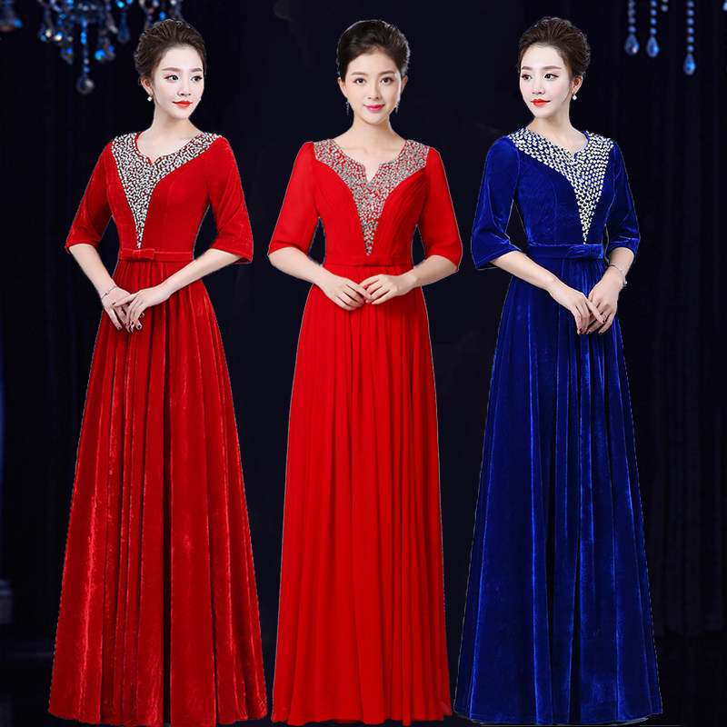 合唱服长裙成人大合唱服装演出服女金丝绒新款中老年团体舞台服装