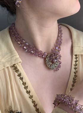 VintageMH无标紫色水晶项链 耳夹手镯套组 英国现货