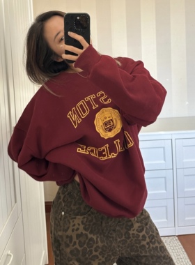 美式复古学院风BOSTON字母印花撞色百搭宽松圆领套头卫衣女上衣