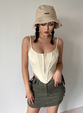 欧美ins风辣妹夏季性感甜辣单排扣鱼骨束腰修身露背吊带小背心