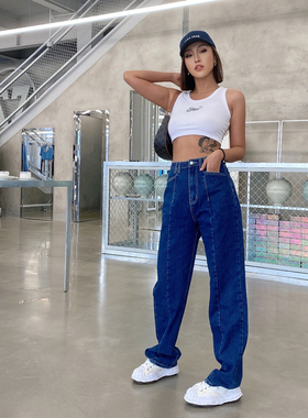 美式休闲BM风百搭高腰显腿长立体裤线垂感复古萝卜裤老爹牛仔裤