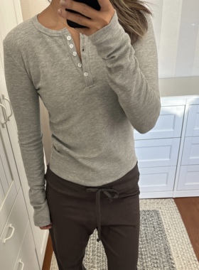 美式秋冬辣妹休闲纯棉华夫格5粒扣圆领长袖上衣打底衫内搭T恤女潮