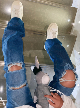 INS欧美辣妹潮牌街头百搭秋冬新款破洞随身款中腰直筒裤牛仔裤女