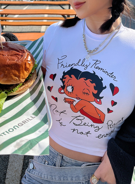 欧美VINTAGE复古贝蒂betty兔子性感包身纯白色短款圆领百搭T恤女