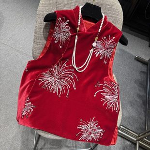 红色国风马甲新中式重工刺绣丝绒马夹新年喜庆背心女春季无袖外套