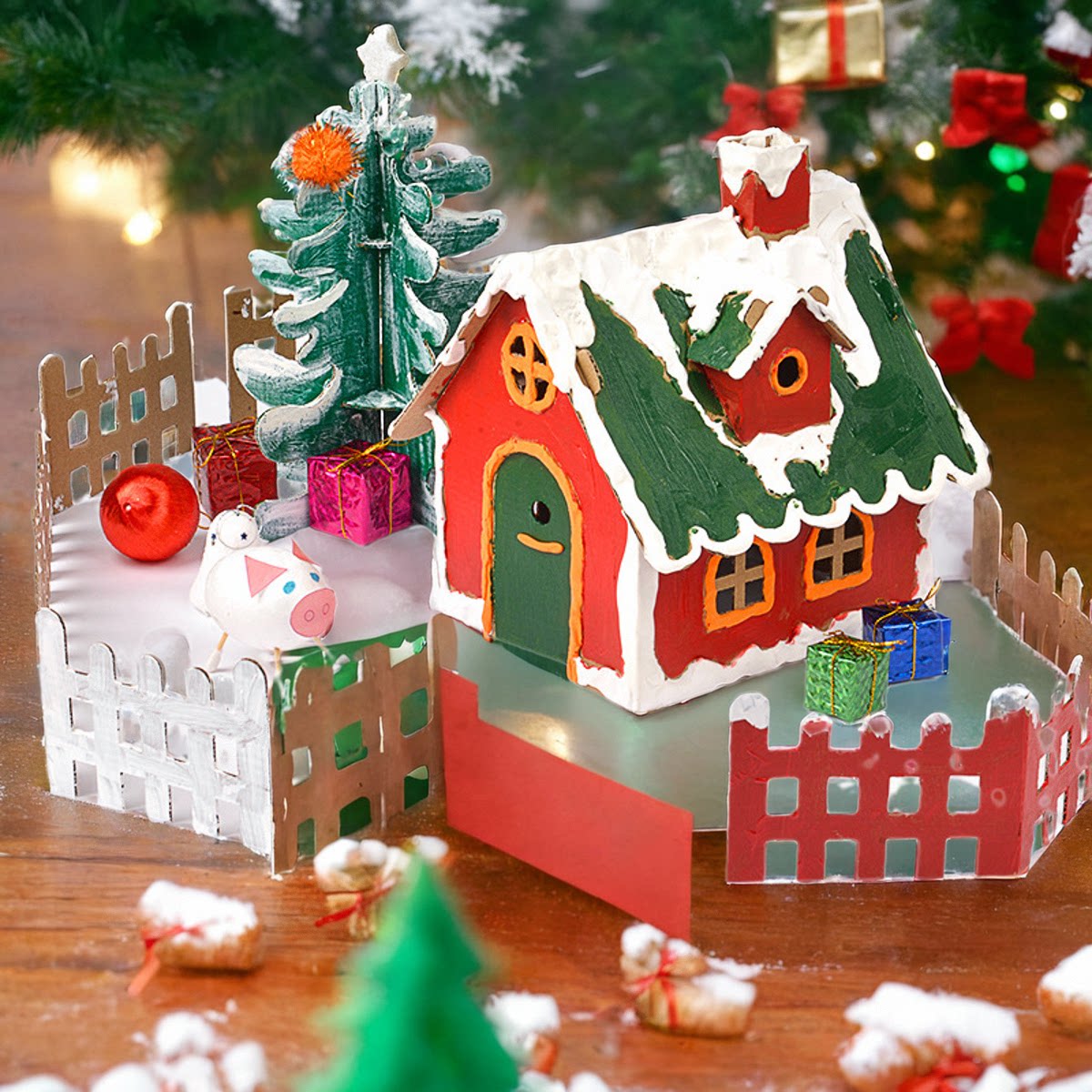 儿童手工小屋模型纸板创意小房子幼儿园装饰拼装diy纸壳圣诞小树