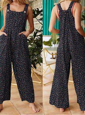 2021年亚马逊wish跨境女装独立站新款女式宽松印花侧口袋背带裤厂