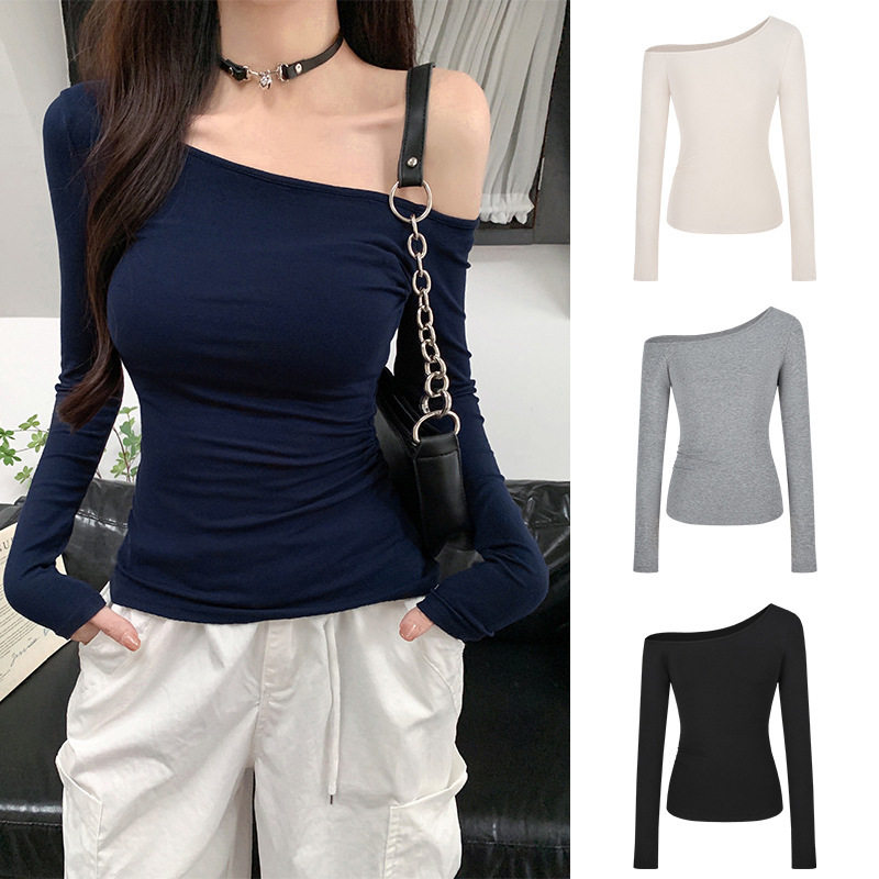 跨境设计感斜领长袖T恤女2025秋冬新款修身褶皱掐腰露肩女装上衣