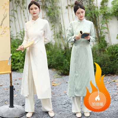 9664冬季新款茶服套装新中式加绒加厚冬季保暖旗袍上衣裤子两件套