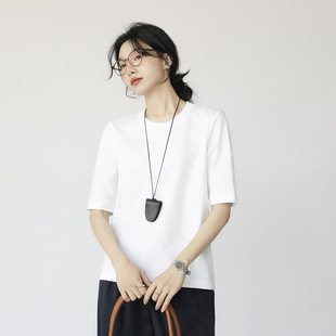 极简圆领t恤女五分中袖 正肩休闲后缝线通勤宽松叠穿白T上衣风纯色