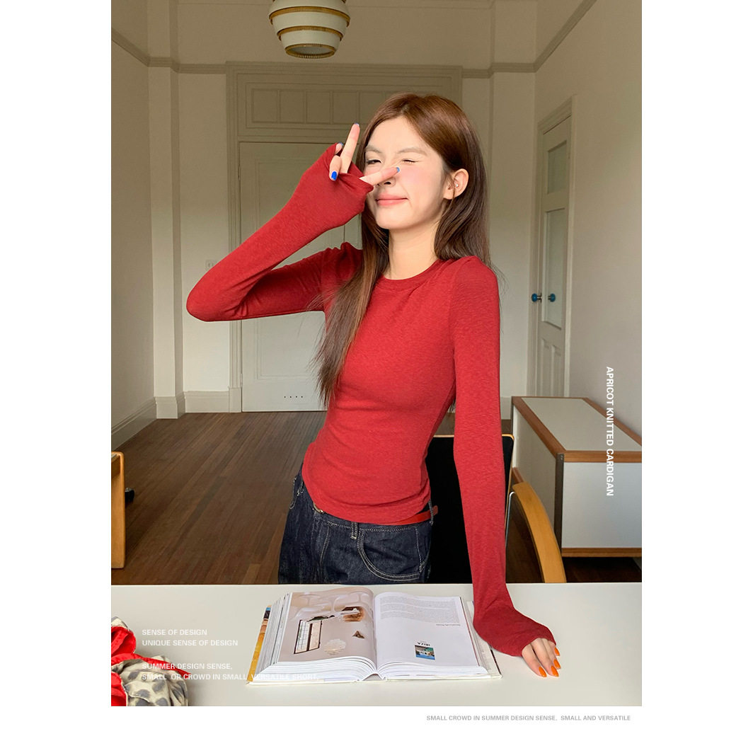 新年红一体绒弹力修身长袖女2025秋冬南油新款好版型短款女装上衣