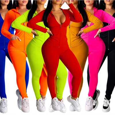 2024春季亚马逊欧美性感休闲纯色长袖拉链连帽运动两件套