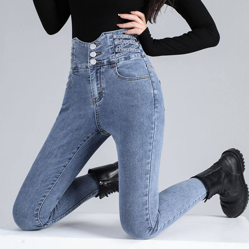 好面料超高腰收腹牛仔裤女三粒扣紧身弹力气质外穿长小脚裤子女潮