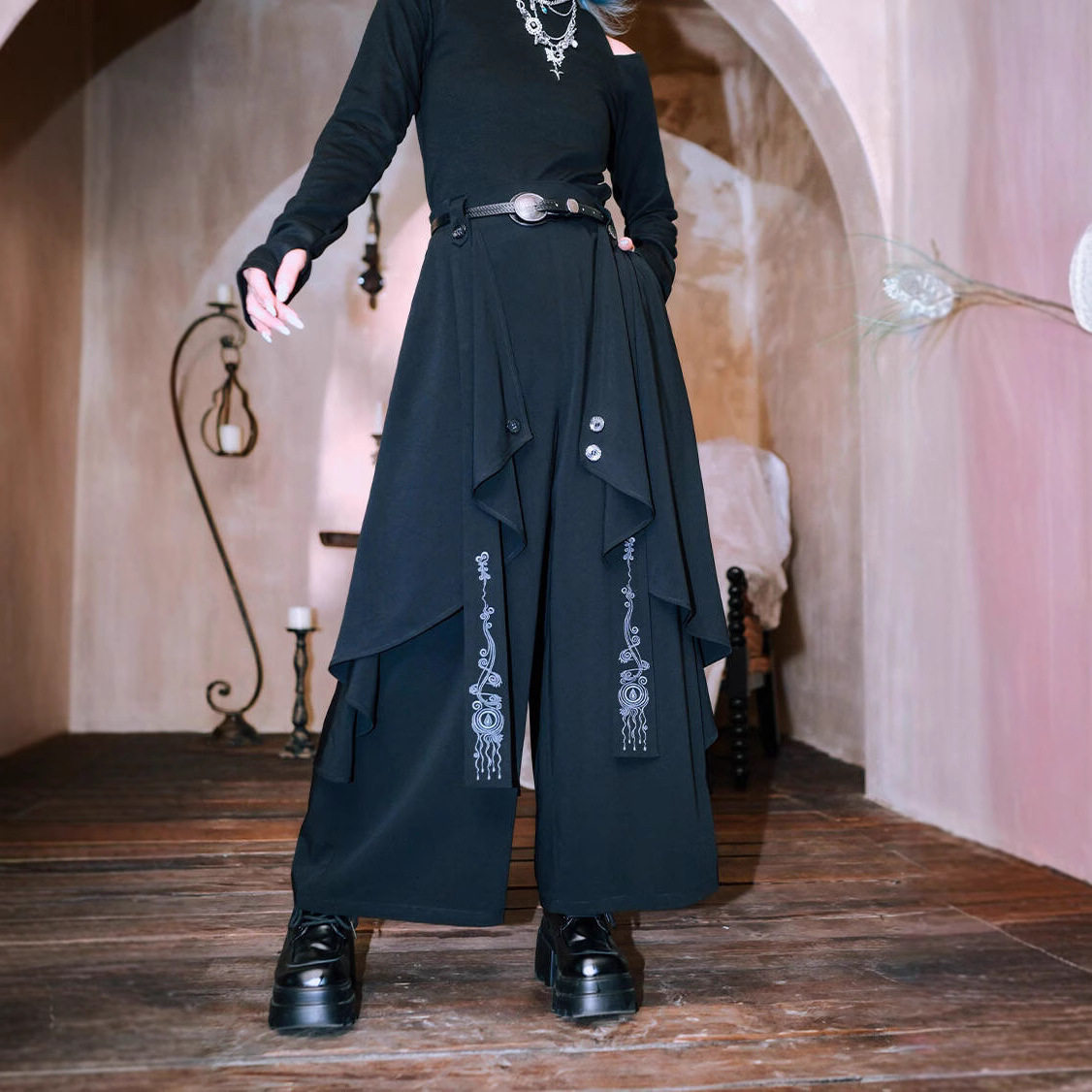 2025新款不规则黑色阔腿裤女国潮新中式刺绣飘带国风山本耀司裙裤
