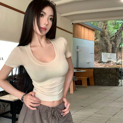 祺成U领露脐短袖T恤衫女夏装打底衫显瘦显胸后背镂空短款上衣外穿