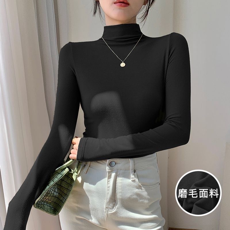 重磅双面德绒黑色百搭修身冬季加绒长袖半高领打底衫女上衣外穿