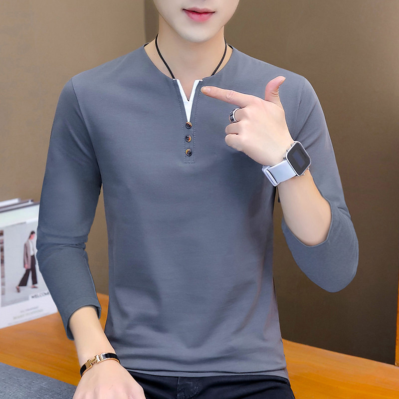 春秋季2025新款男士长袖t恤纯棉薄款v字领内搭上衣服打底衫男装