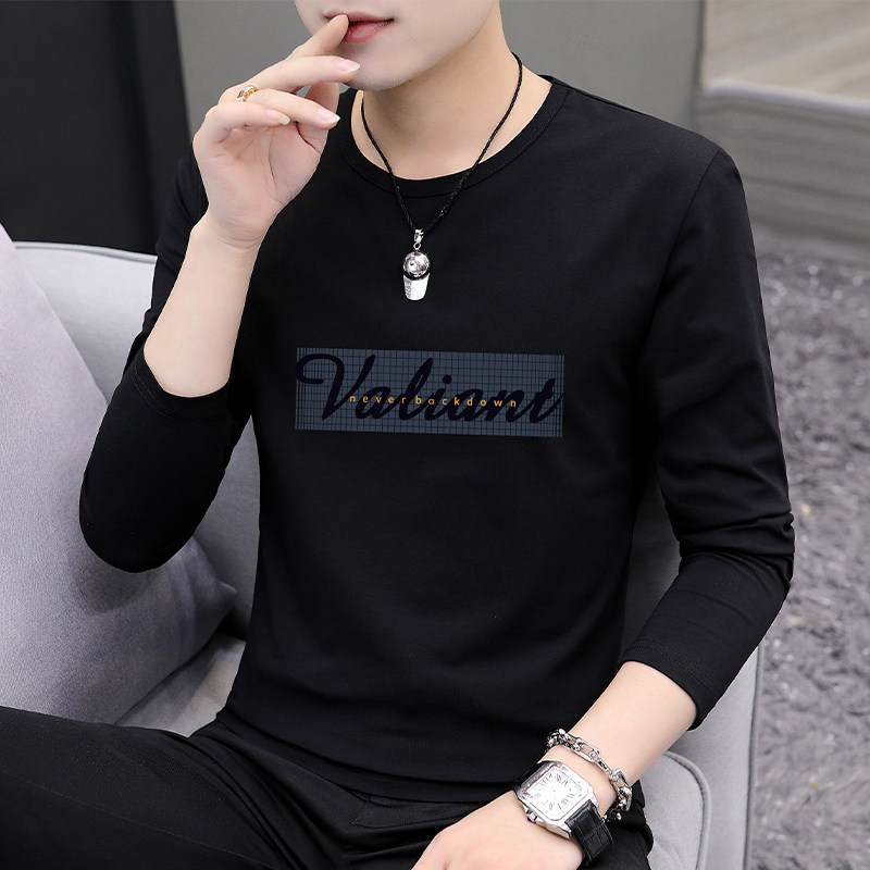 男士长袖T恤纯棉潮牌黑色显瘦宽松上衣春秋款体恤衫百搭长衣薄款