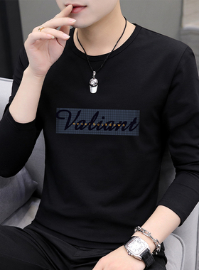 男士长袖T恤纯棉潮牌黑色显瘦宽松上衣春秋款体恤衫百搭长衣薄款