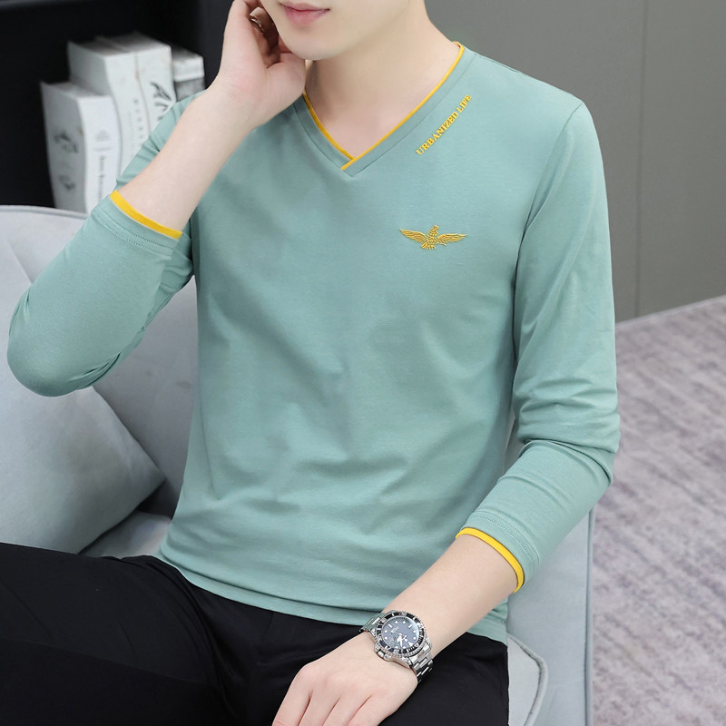 高档纯棉男长袖T恤V领修身潮流打底衫男薄款上衣撞色v字领体恤衫