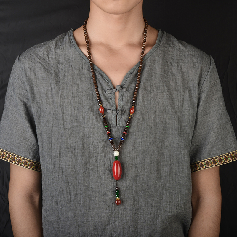 中国风吊坠男士潮木珠子项链简约毛衣链佛珠脖子挂件女衣服配饰品