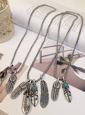 羽毛项链男街头叶子鹰爪吊坠复古女潮时尚余文乐同款衣服挂件配饰