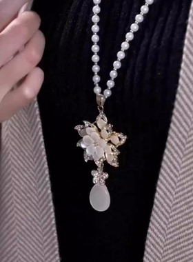 新款百搭猫眼石珍珠项链毛衣链女个性大气吊坠时尚长款衣服配饰品