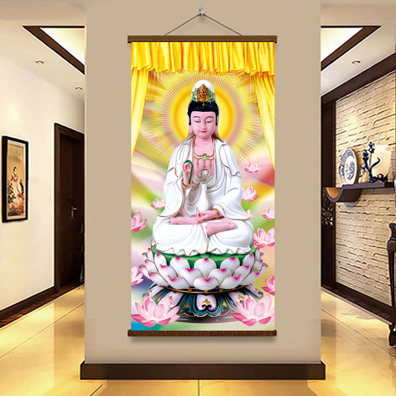 南海观音菩萨画像装饰画新中式客厅玄关家用壁画新款竖版卷轴挂画