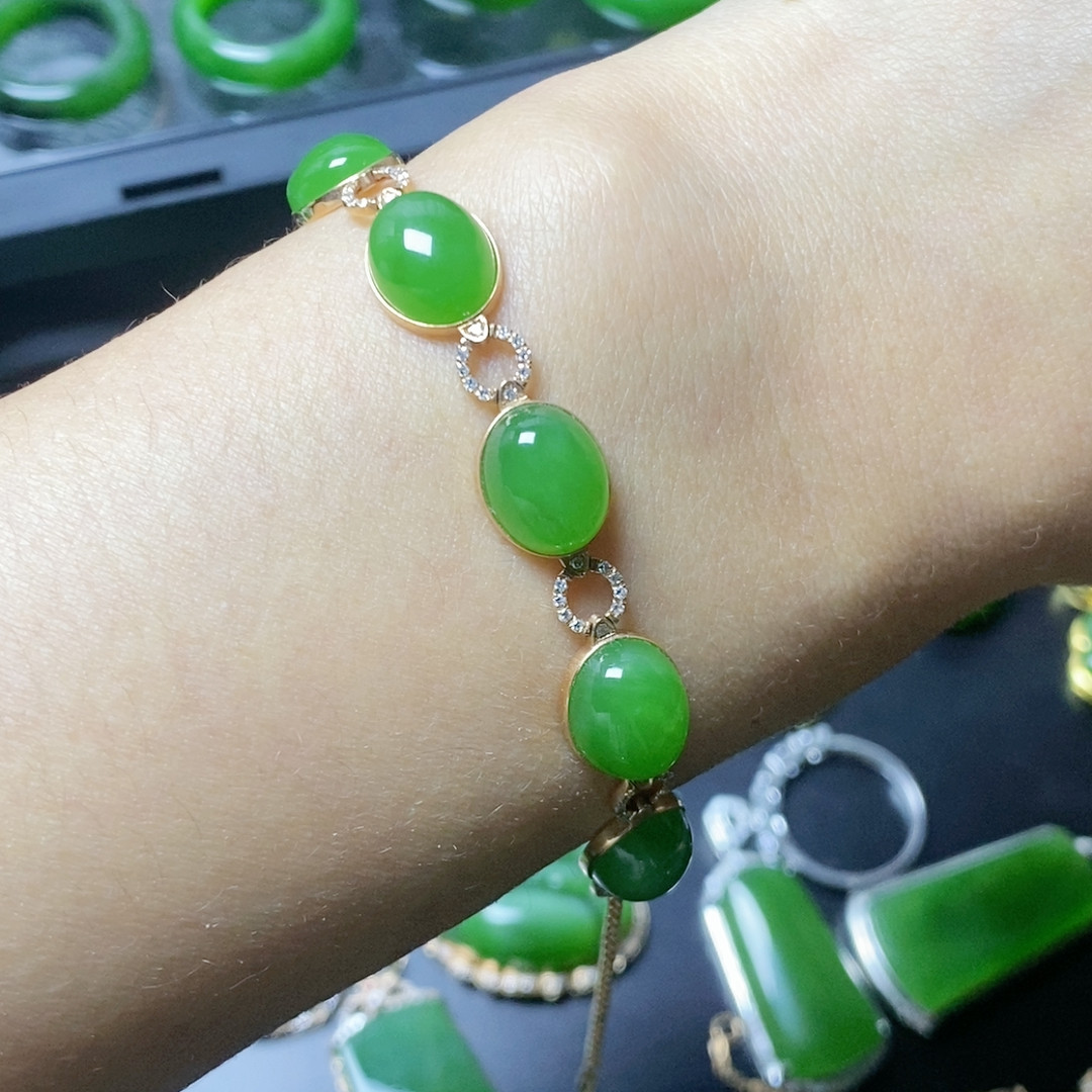 和田玉碧玉大蛋面手链18k金