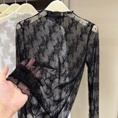 性感黑色镂空蕾丝半高领打底衫 网纱内搭透明纱衣上衣 女春秋冬薄款