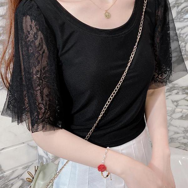 白色蕾丝上衣t恤女夏泡泡袖短款