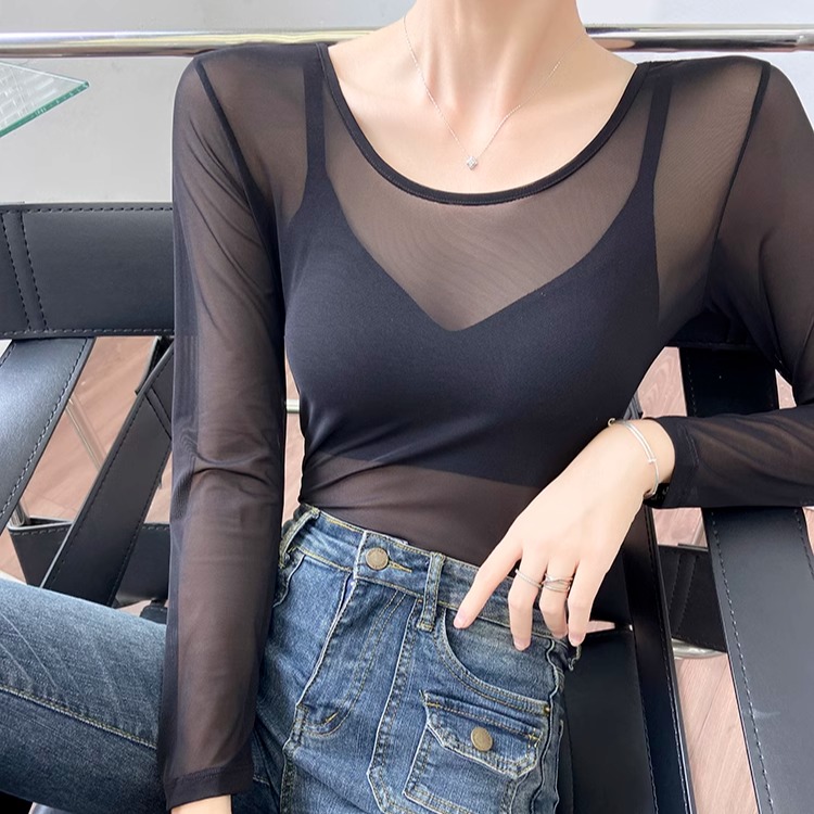 衣薄黑色网纱打底衫女