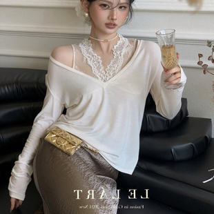 白色叠穿v领蕾丝吊带背心女大码胖mm显瘦打底衫内搭纯欲上衣外穿