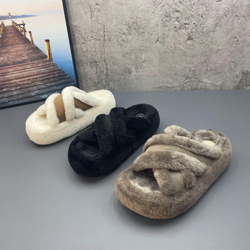 厚底交叉时尚网红毛绒保暖棉拖鞋毛毛拖羊毛交叉带加绒保暖女拖鞋