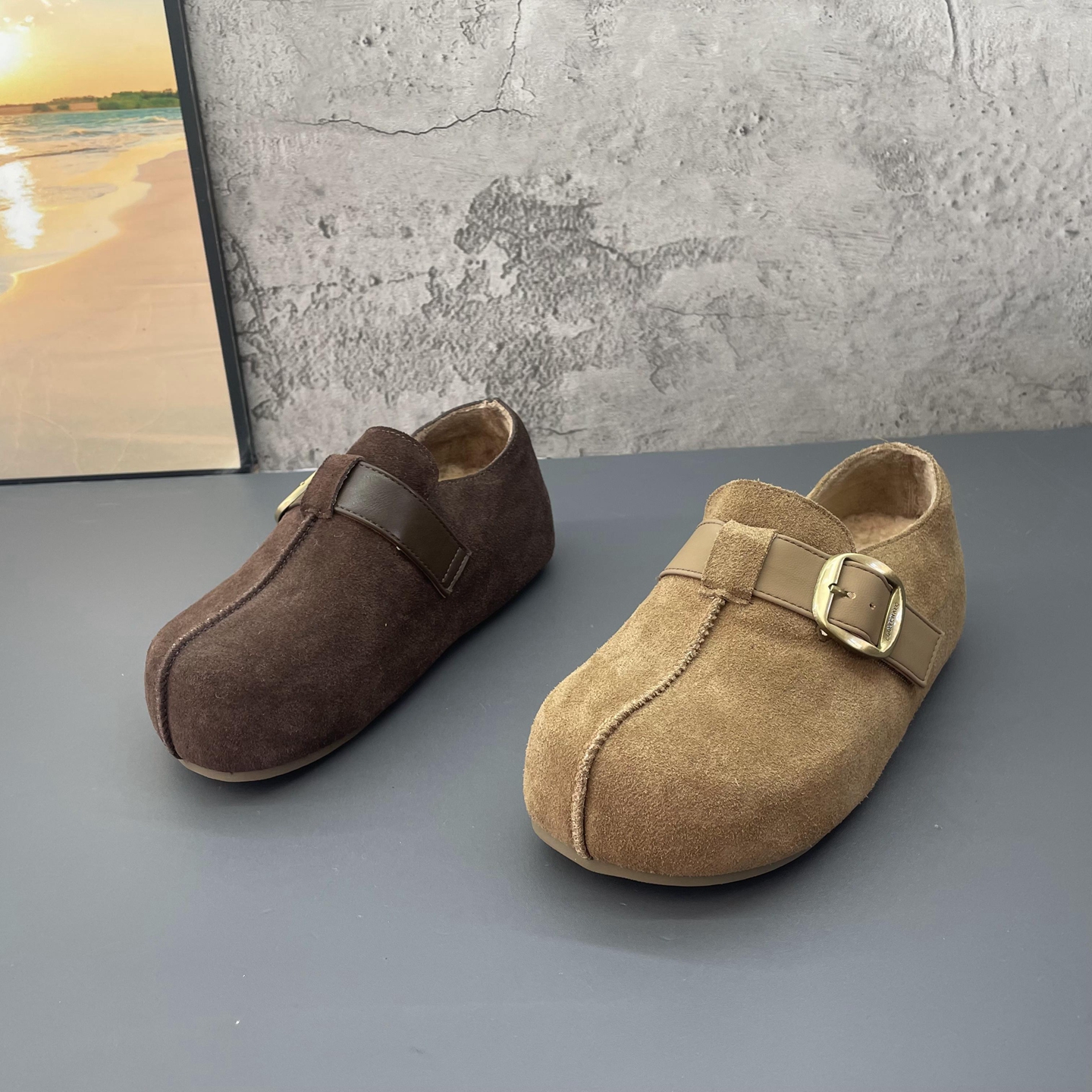 全磨砂皮复古皮带扣勃肯鞋女短靴