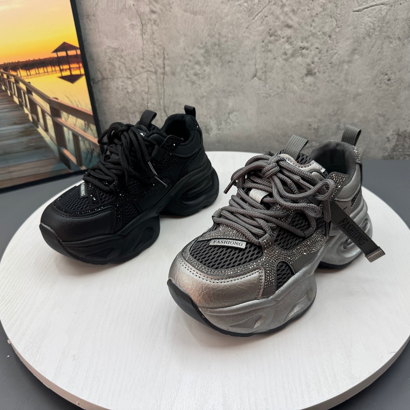 2026春季新款小个子显高黑色带钻休闲百搭老爹鞋厚底运动鞋显脚小,女鞋,老爹鞋,淘宝优惠券,粉丝福利购,淘宝优惠卷