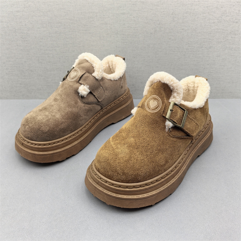 2025撤柜断码秋冬季新款真皮女鞋厚底圆头套脚加绒保暖棉鞋勃肯鞋