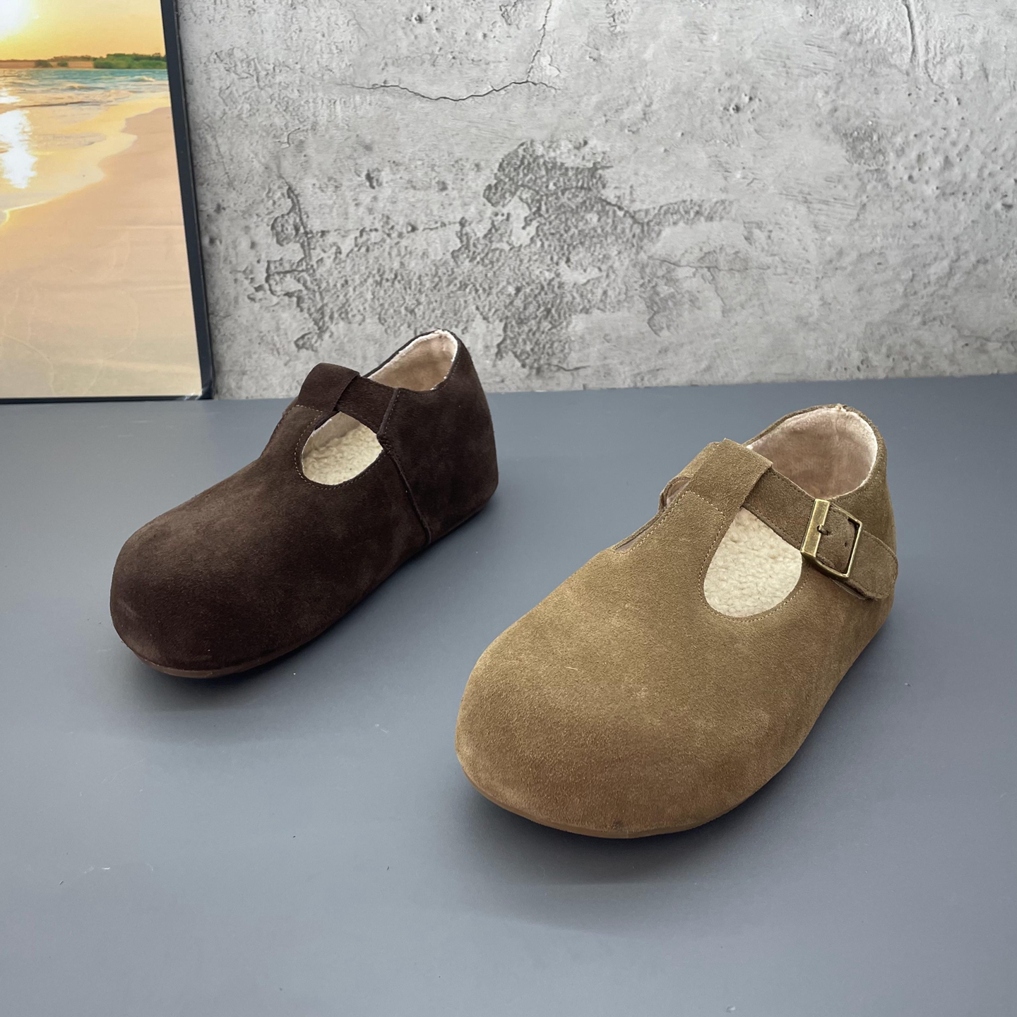 2025撤柜断码秋冬季新款真皮圆头魔术贴内增高复古加绒勃肯鞋女鞋