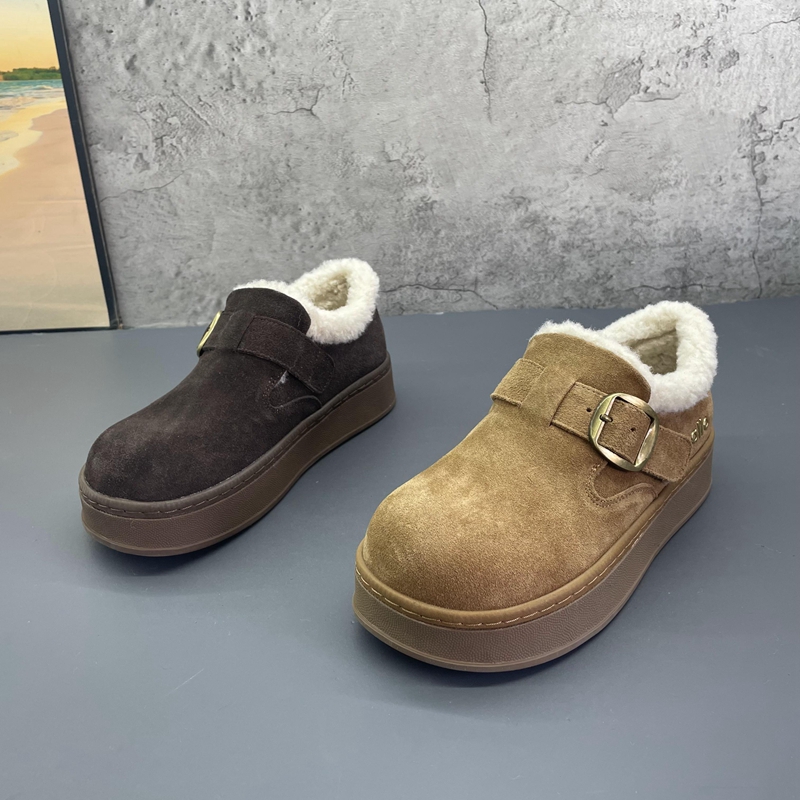 2025撤柜断码秋冬季新款女鞋厚底复古牛反绒加绒保暖勃肯鞋女棉鞋