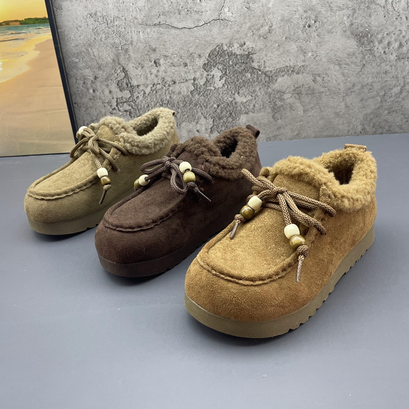 2025撤柜断码秋冬季新款女鞋圆头系带串珠复古勃肯鞋加绒保暖棉鞋