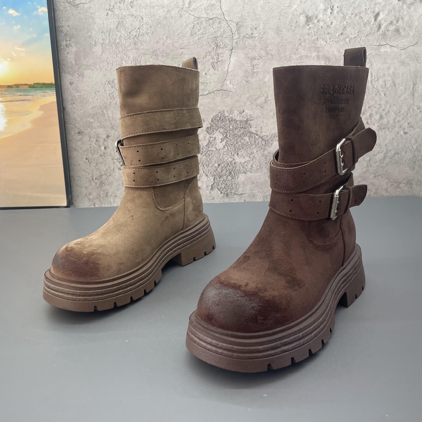 2025秋冬季新款撤柜折扣皮带扣骑士靴中筒户外时尚棉里女潮靴子,女鞋,马丁靴,淘宝优惠券,粉丝福利购,淘宝优惠卷