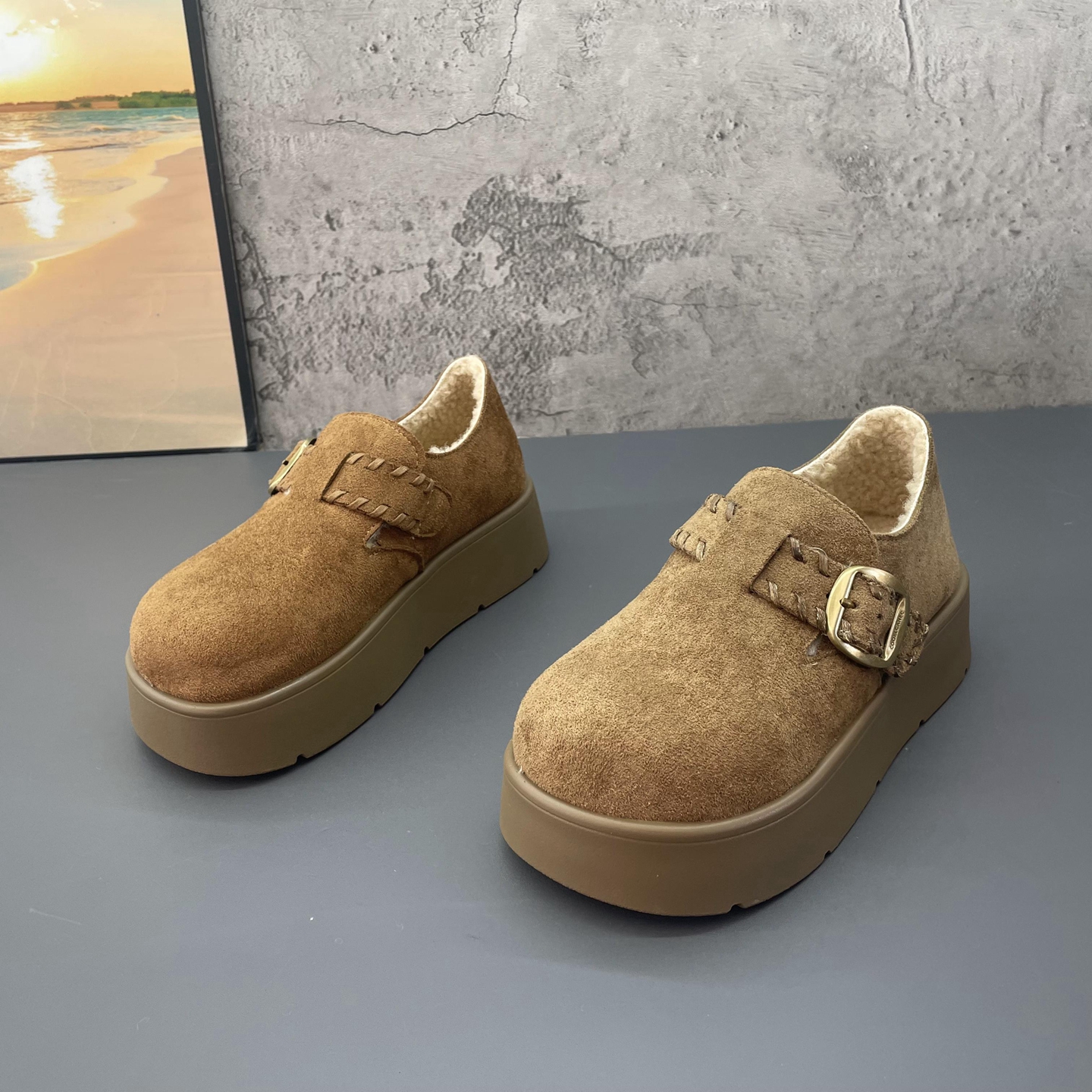 加绒保暖厚底勃肯鞋女2025冬季新款圆头套脚复古博肯鞋绒面女棉鞋