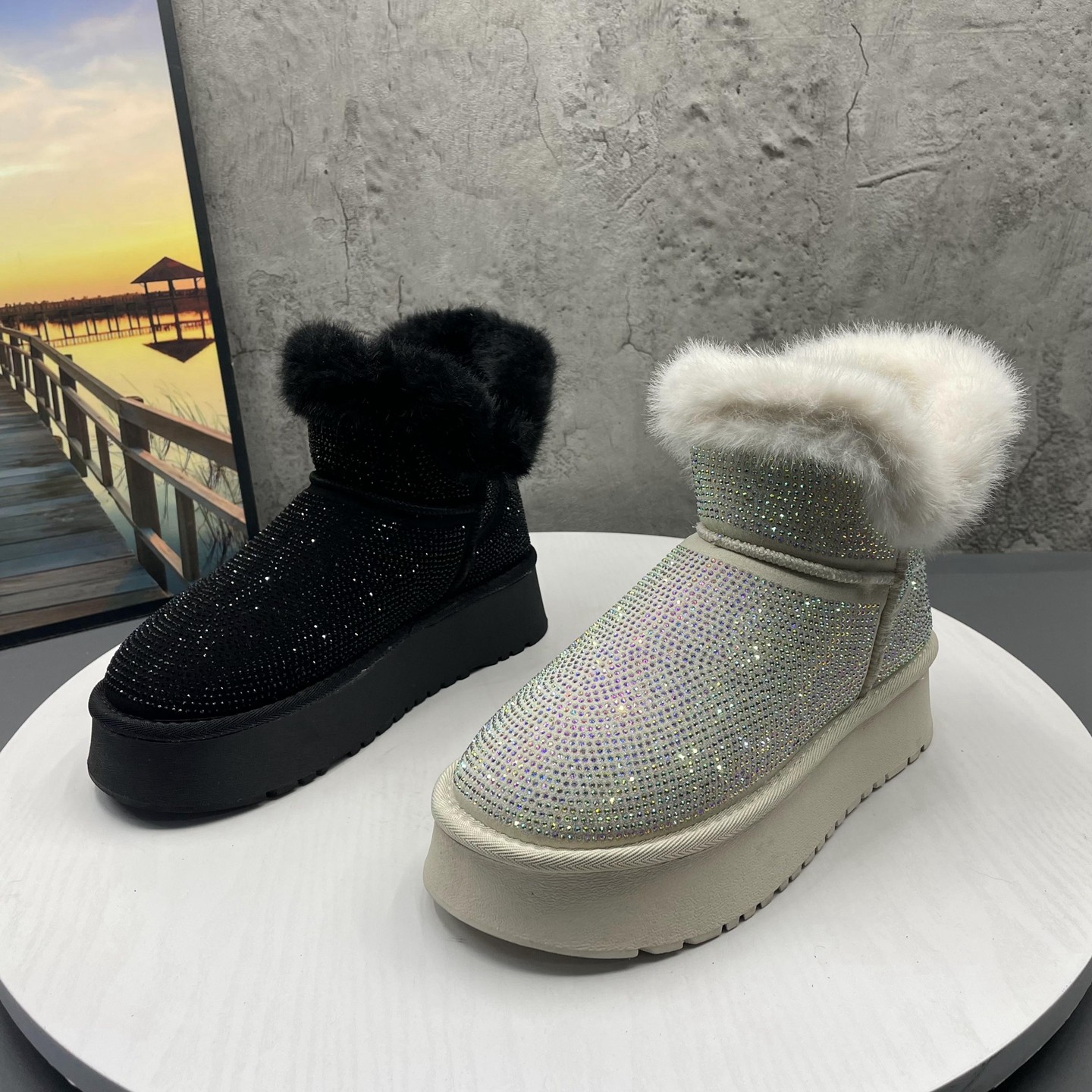 2025新款撤柜断码处理冬季厚底套筒烫钻加绒保暖防寒雪地靴女棉靴,女鞋,时尚雪地靴,淘宝优惠券,粉丝福利购,淘宝优惠卷