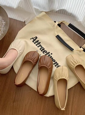 浅口褶皱假分趾单鞋女2025夏低跟巨软防滑一脚蹬豆豆鞋百搭奶奶鞋