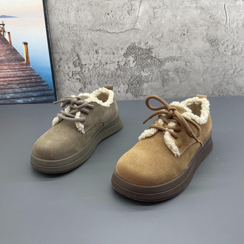 2025撤柜断码秋冬季新款女鞋圆头系带平底复古加绒保暖勃肯鞋棉鞋