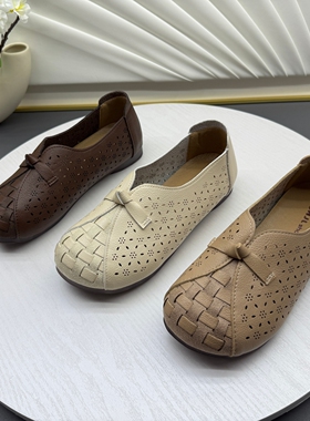 复古风编织镂空浅口平底2026新款软底舒适一脚蹬百搭妈妈鞋女单鞋
